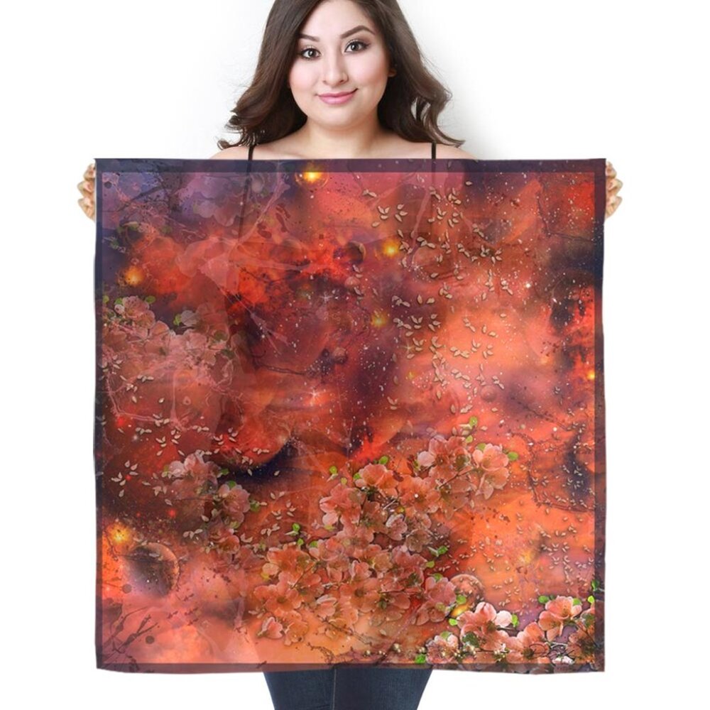 Deep Orange & Pink Petals Square Pure Silk Scarf Wrap - Picture 6 of 11